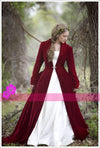 Christmas Burgundy Red Velvet Bridal Cloaks With Long Sleeves Sweep