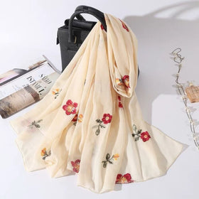 Cotton Linen Embroidered Flower Scarf