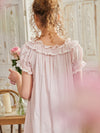 Cotton Viscose Women's Long Nightgowns Vintage Short Sleeve Sleepwear