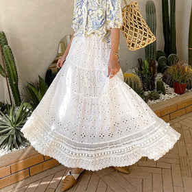 Cotton White Pleated Lace up Skirt for Women 2021 Summer Boho Fashion