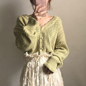 Cropped Cardigan Women Spring Chic Hollow Out Elegant V Neck