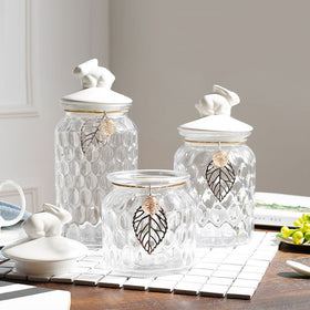 Crystal Glass Jars Nordic Clear Ceramic Rabbit Cover Tea Pot Snack