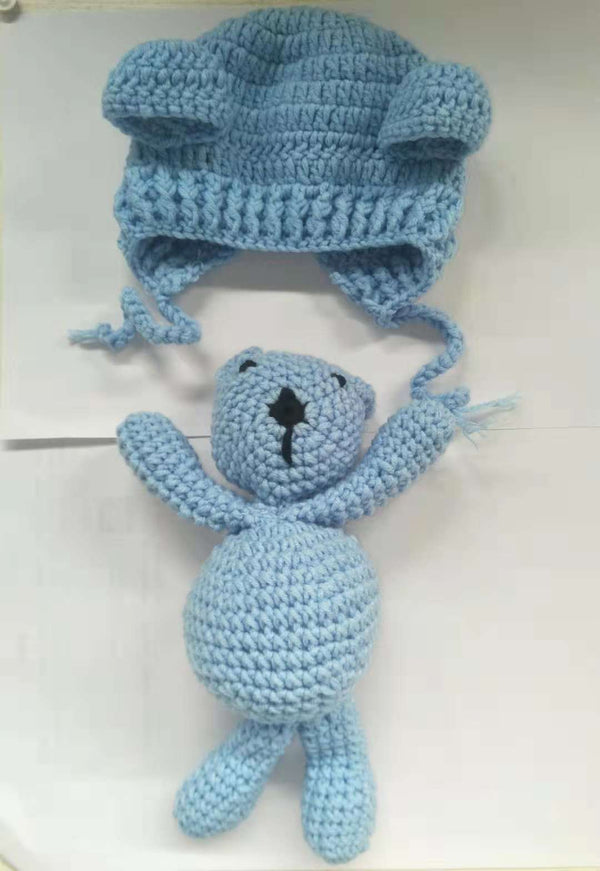 Cute Baby Crochet Hat with Little Bear Doll Set for Photography