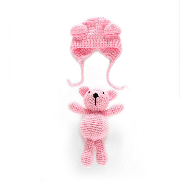 Cute Baby Crochet Hat with Little Bear Doll Set for Photography