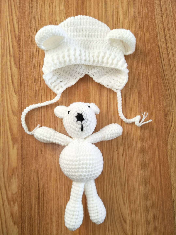 Cute Baby Crochet Hat with Little Bear Doll Set for Photography