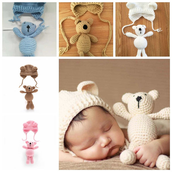 Cute Baby Crochet Hat with Little Bear Doll Set for Photography