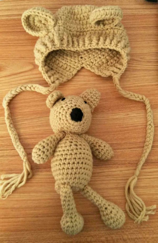 Cute Baby Crochet Hat with Little Bear Doll Set for Photography