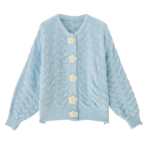 Cute Blue Cottagecore Women Fashion Sweater Cardigan