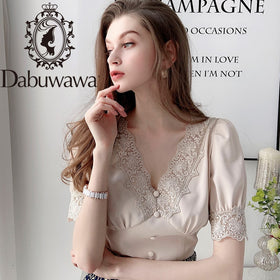 Dabuwawa Elegant Lace Deep V Neck Blouse Women Casual Solid Puff