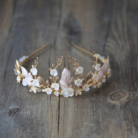 Delicate Shell Floral Crown Bridal Hair Tiara Gold Leaf Women Hairband