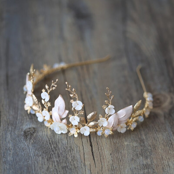 Delicate Shell Floral Crown Bridal Hair Tiara Gold Leaf Women Hairband