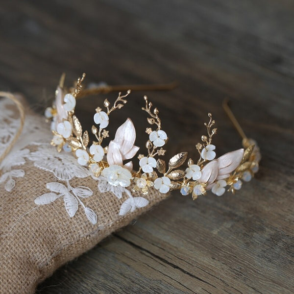 Delicate Shell Floral Crown Bridal Hair Tiara Gold Leaf Women Hairband