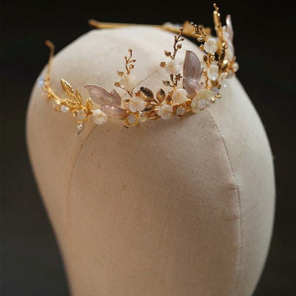 Delicate Shell Floral Crown Bridal Hair Tiara Gold Leaf Women Hairband