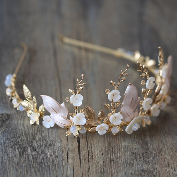 Delicate Shell Floral Crown Bridal Hair Tiara Gold Leaf Women Hairband