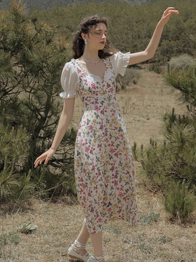 Vintage Elegant Slim Floral Print Long Dress