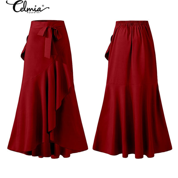 Elegant OL Long Skirt Women Summer High Waist Belted Fishtail Skirts