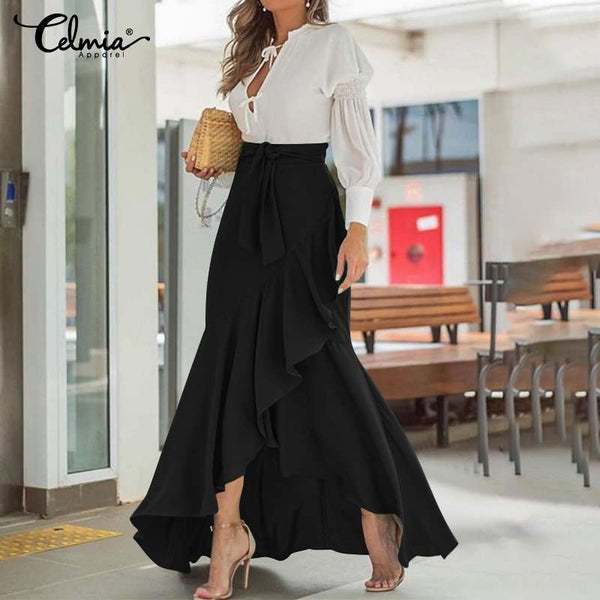 Elegant OL Long Skirt Women Summer High Waist Belted Fishtail Skirts