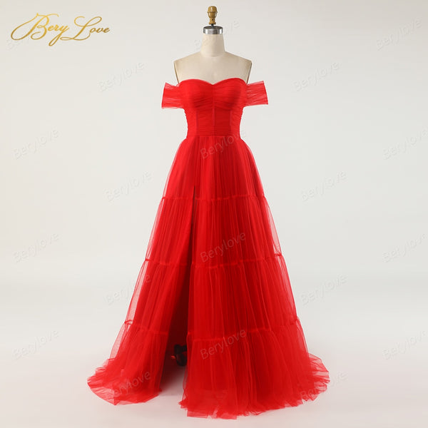 Elegant Red Evening Dress Long Tulle Off The Shoulder Prom Dress 2021