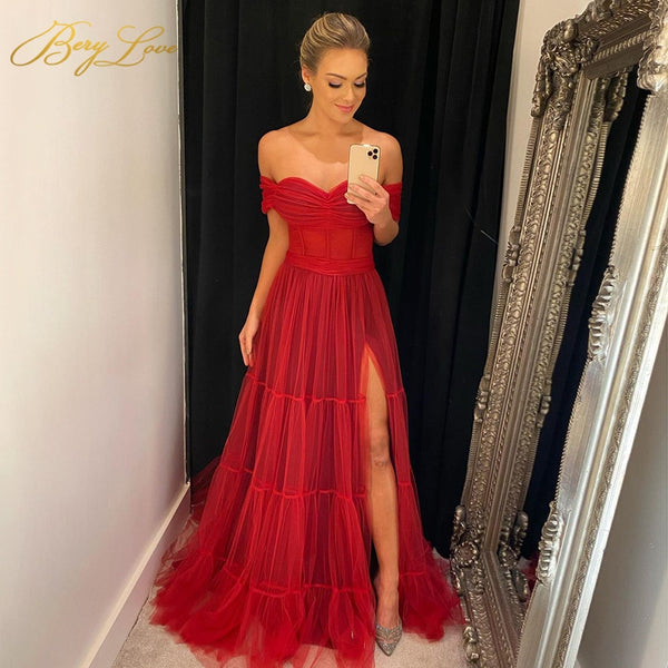 Elegant Red Evening Dress Long Tulle Off The Shoulder Prom Dress 2021