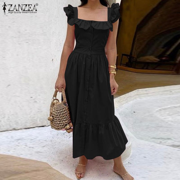 Elegant Straps Ruffle Dress Women's Summer Sundress 2021 ZANZEA Button