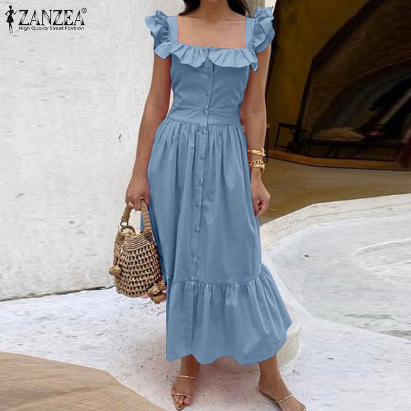 Elegant Straps Ruffle Dress Women's Summer Sundress 2021 ZANZEA Button