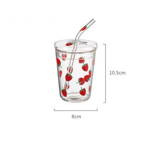 European Heat Resistant Cute Strawberry Glass Milk Tea Cup with Handle