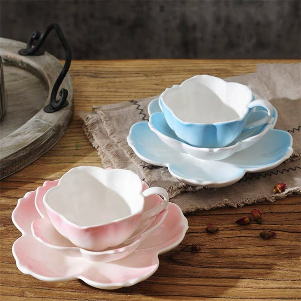 European Light Luxury Ceramic Flower Shape Coffee Cup with Saucer