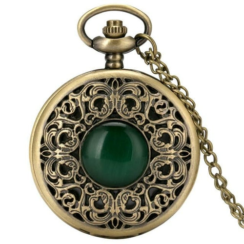 Exquisite Emerald green Stone Bronze Case Quartz Pocket Watch Simple