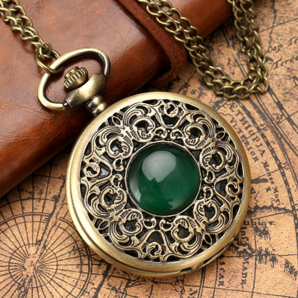 Exquisite Emerald green Stone Bronze Case Quartz Pocket Watch Simple