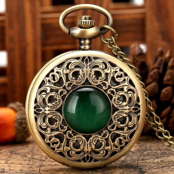 Exquisite Emerald green Stone Bronze Case Quartz Pocket Watch Simple