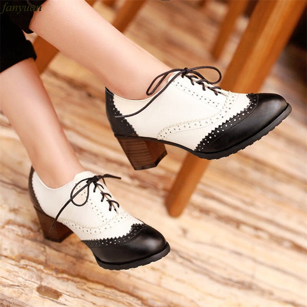 Fanyuan British Women Oxfords High Square Block Heels Pumps Black