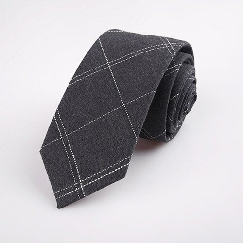 Fashion 6cm Skinny Cotton Tie Black Grey Plaid Striped Solid Slim