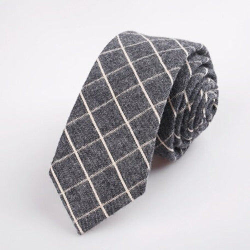 Fashion 6cm Skinny Cotton Tie Black Grey Plaid Striped Solid Slim