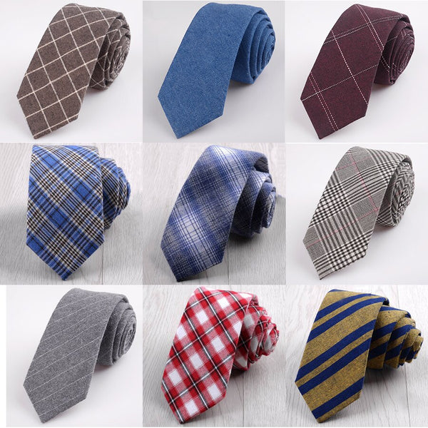 Fashion 6cm Skinny Cotton Tie Black Grey Plaid Striped Solid Slim