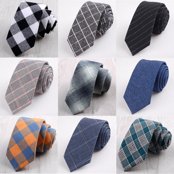 Fashion 6cm Skinny Cotton Tie Black Grey Plaid Striped Solid Slim