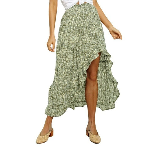 Fashion Floral Skirt Women Summer High Waist Split Beach Casual Midi