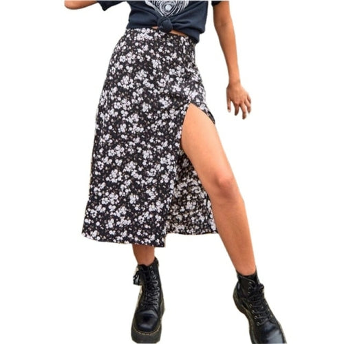 Fashion Floral Skirt Women Summer High Waist Split Beach Casual Midi