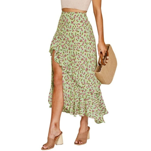 Fashion Floral Skirt Women Summer High Waist Split Beach Casual Midi