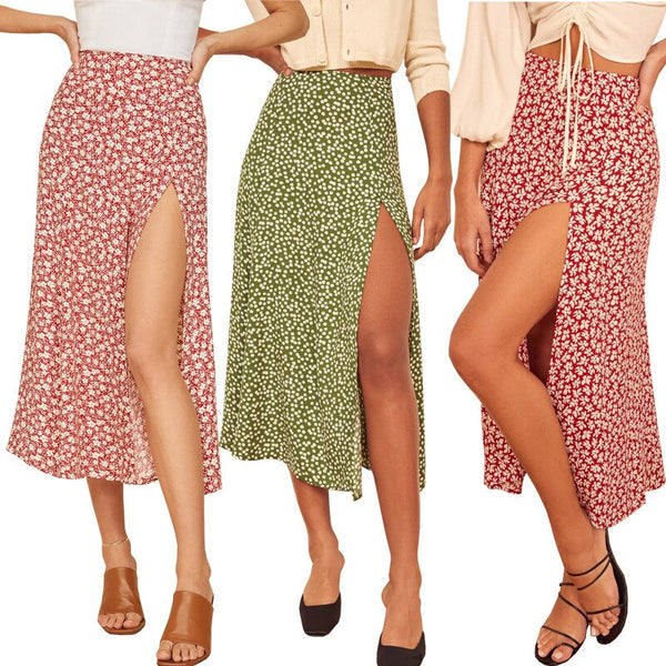 Fashion Floral Skirt Women Summer High Waist Split Beach Casual Midi