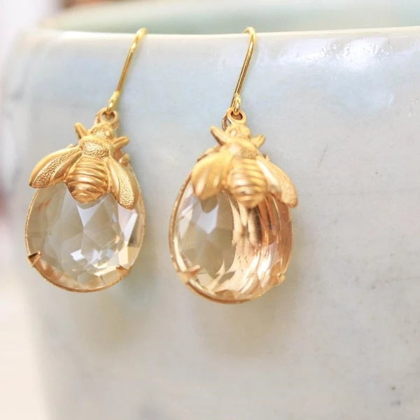 Fashion Honey Bee Earrings Bumblebee Drop Earrings for Women Crystal