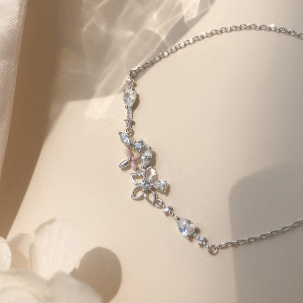 Sterling Silver Link Chain Crystal Flower Charm