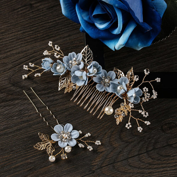 Fashion Luxury  Blue Flower Hair Combs Headdress Prom Bridal Wedding