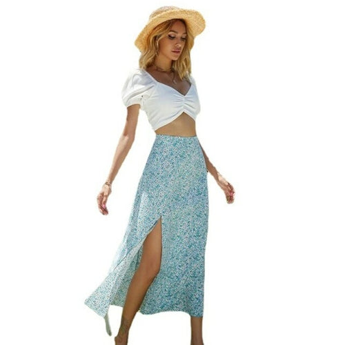 Fashion Summer Print Skirt Women’s Boho Split Casual Mid length Skirt