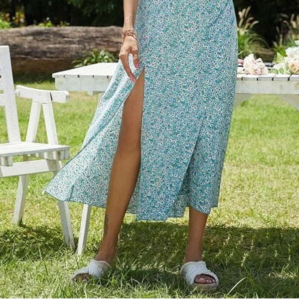 Fashion Summer Print Skirt Women’s Boho Split Casual Mid length Skirt