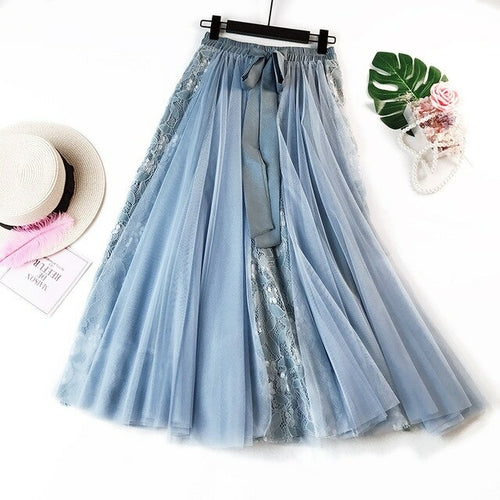 Fashion Tutu Tulle Skirt Women Long Maxi Skirt Korean Cute Bow High