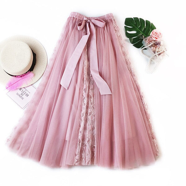 Fashion Tutu Tulle Skirt Women Long Maxi Skirt Korean Cute Bow High