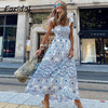 Foridol Blue Floral Print Summer Beach Dress Women Casual Holiday