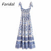 Foridol Blue Floral Print Summer Beach Dress Women Casual Holiday