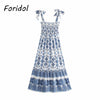 Foridol Blue Floral Print Summer Beach Dress Women Casual Holiday