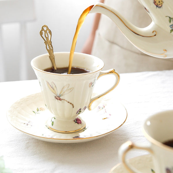 French Garden Tea Cup and Saucers Set Porcelain Tea Pot Teacup Coaster